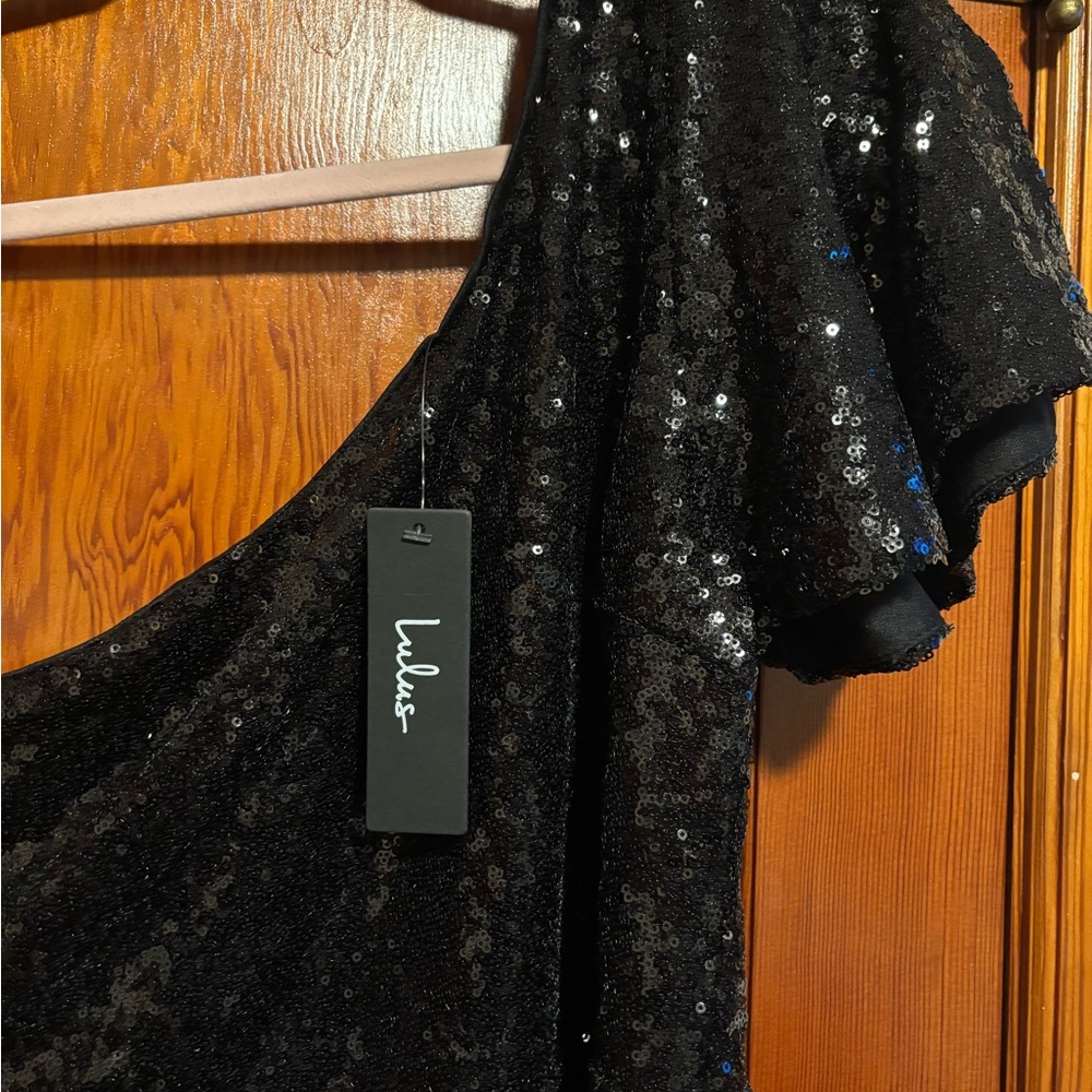 LULU’S Midnight Black Sequin One Shoulder Dress Size Large - Picture 2 of 6